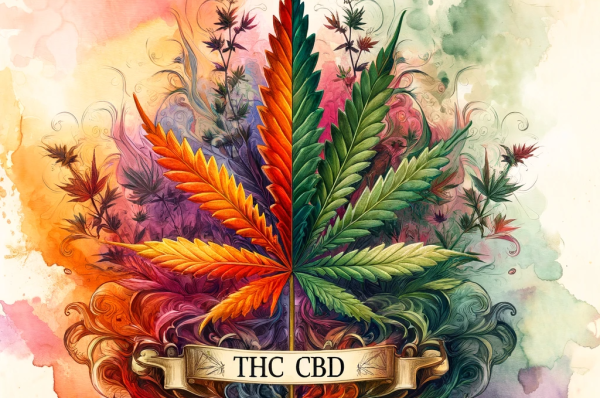 DALL·E 2024-01-20 15.29.03 – A fancy watercolor painting of a cannabis plant divided into two sections, with the left side labeled ‘THC’ and the right side labeled ‘CBD’. The THC