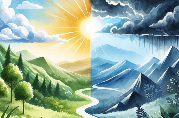 DALL·E 2024-01-20 15.33.33 – Create a watercolor digital painting that abstractly represents the concept of advantages and disadvantages. The left side of the painting should depi