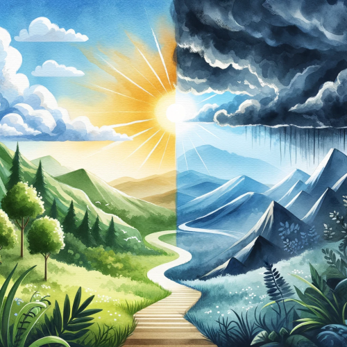 DALL·E 2024-01-20 15.33.33 – Create a watercolor digital painting that abstractly represents the concept of advantages and disadvantages. The left side of the painting should depi