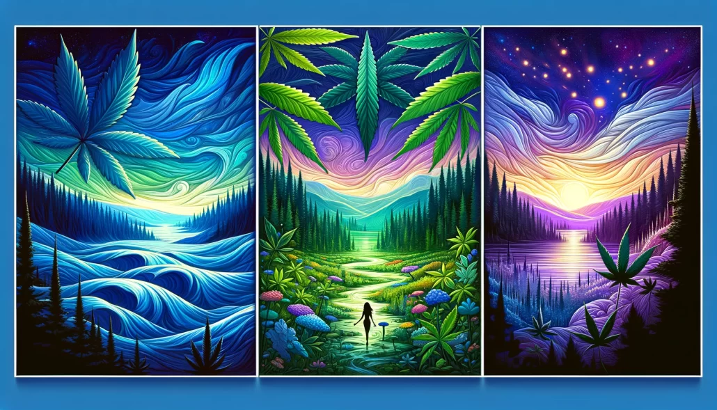 DALL·E 2024-03-01 18.35.48 – Visualize the concept of exploring the differences between CBD, CBG, and CBN through an artistic lens. Imagine a triptych, where each panel represents