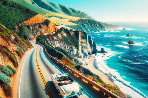 DALL·E 2024-01-09 16.34.17 – A scenic view of a road trip in California along the cliffside on the coast. There’s only one car, a classic convertible, driving on the right side of