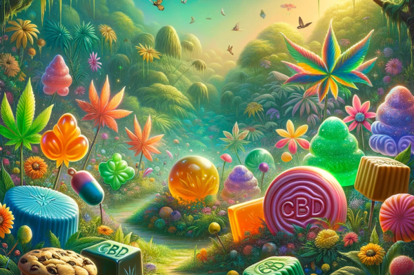 DALL·E 2024-01-25 19.40.49 – A serene and colorful painting depicting the rise of CBD edibles in the wellness industry, without any people. The scene is set in an enchanted garden