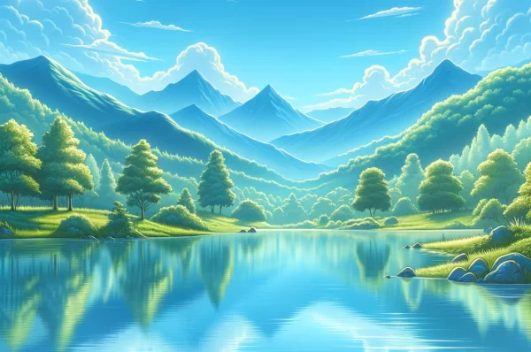 DALL·E 2024-02-19 18.41.11 – Visualize a serene landscape to represent the calming effects of edibles, focusing on non-psychedelic imagery. The scene features a tranquil lake refl