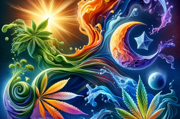 DALL·E 2024-03-01 18.59.19 – Create an original digital artwork capturing the essence of CBG, CBN, CBD, and THC in a harmonious composition. Imagine a dynamic, flowing scene where