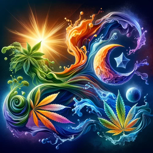 DALL·E 2024-03-01 18.59.19 – Create an original digital artwork capturing the essence of CBG, CBN, CBD, and THC in a harmonious composition. Imagine a dynamic, flowing scene where