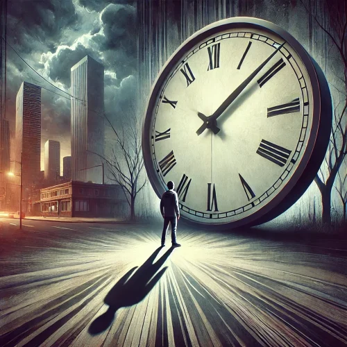 DALL·E 2024-11-04 20.21.52 – A surreal, dark-toned illustration showing a person standing in front of a giant, looming clock with shifting hands, symbolizing the anxiety of daylig