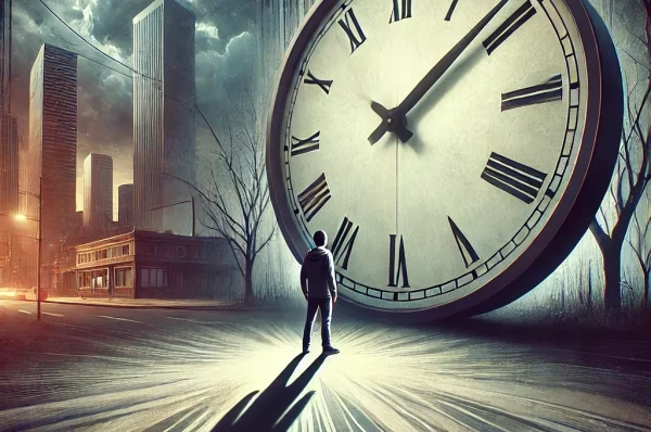 DALL·E 2024-11-04 20.21.52 – A surreal, dark-toned illustration showing a person standing in front of a giant, looming clock with shifting hands, symbolizing the anxiety of daylig