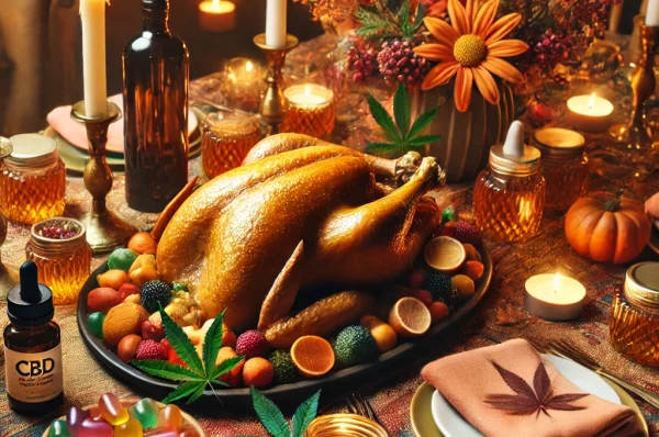 DALL·E 2024-11-26 21.14.06 – A vibrant and festive Thanksgiving dinner table featuring a beautifully arranged turkey feast, warm autumn tones, glowing candles, and cozy decoration