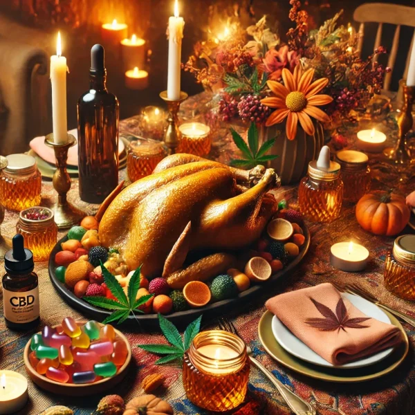 DALL·E 2024-11-26 21.14.06 – A vibrant and festive Thanksgiving dinner table featuring a beautifully arranged turkey feast, warm autumn tones, glowing candles, and cozy decoration