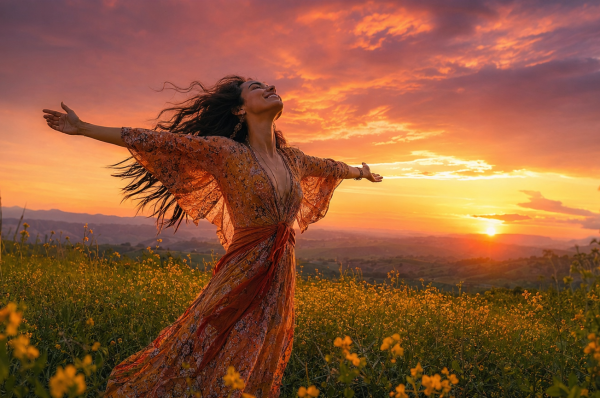 A woman finding calm in a golden meadow, representing the benefits of CBD gummies for stress relief.