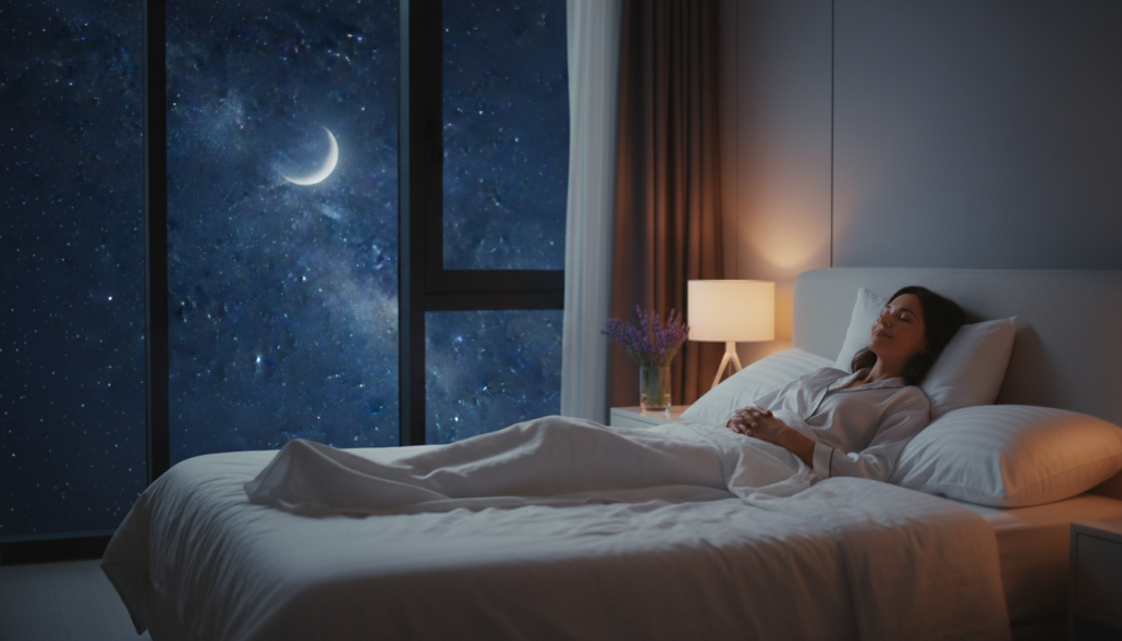 Woman resting peacefully under a starry night sky – CBD gummies for sleep