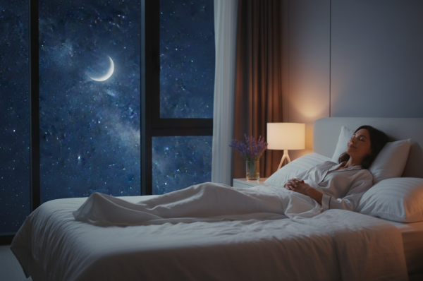 Woman resting peacefully under a starry night sky – CBD gummies for sleep